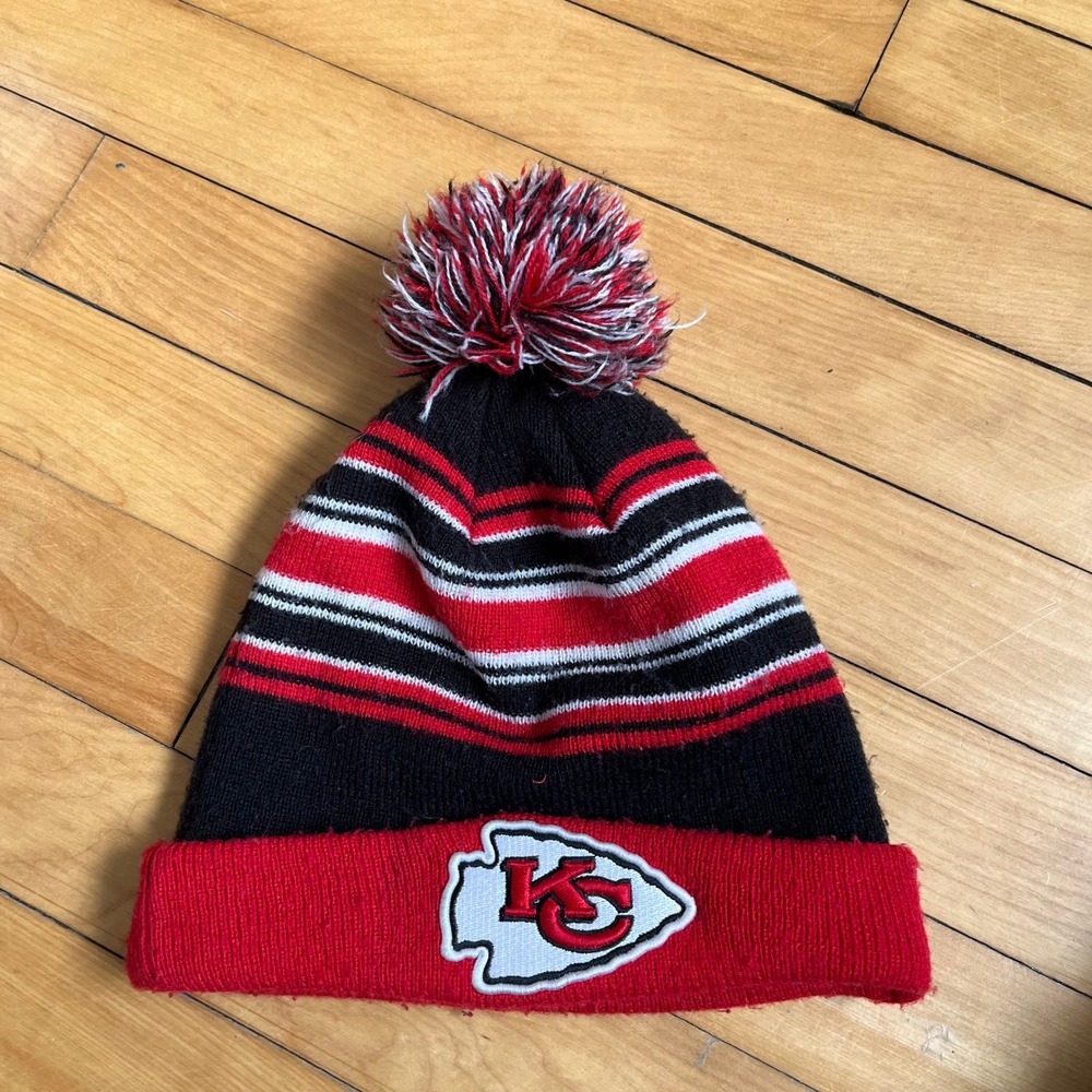 Kansas City Chiefs Beanie Hat NFL Knit Pom Cuffed Striped Red Black White Logo
